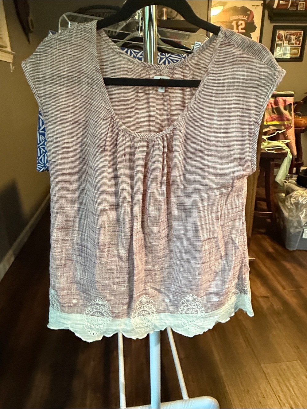 Sonoma Red-Striped Scoop Neck Top with Crochet Hem